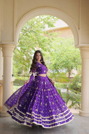 Purple Sequin with Printed Georgette Free Size Stitched Lehenga (ACA9729)