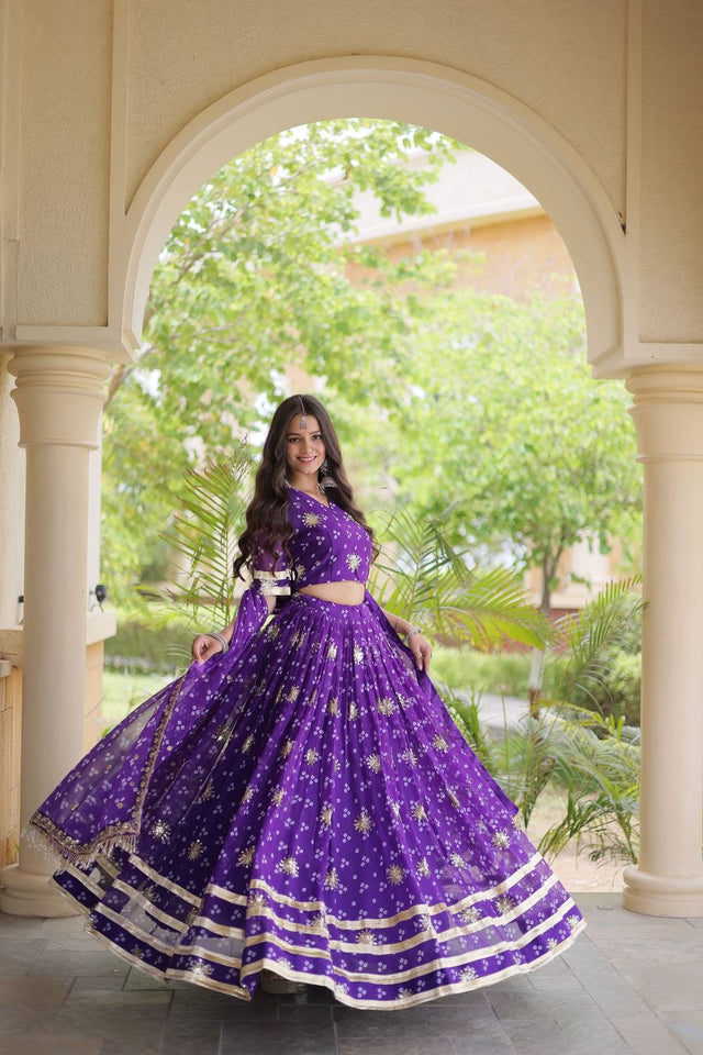 Purple Sequin with Printed Georgette Free Size Stitched Lehenga (ACA9729)