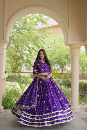 Purple Sequin with Printed Georgette Free Size Stitched Lehenga (ACA9729)