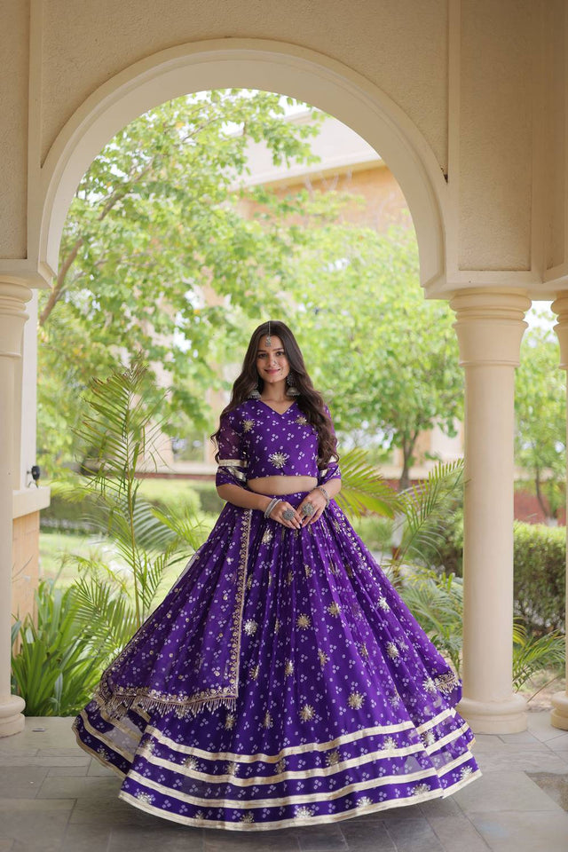 Purple Sequin with Printed Georgette Free Size Stitched Lehenga (ACA9729)