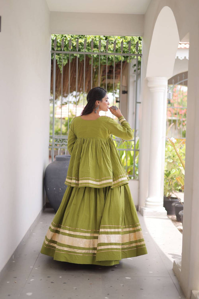 Green Gota Patti Work Cotton Free Size Stitched Lehenga (ACA9730)