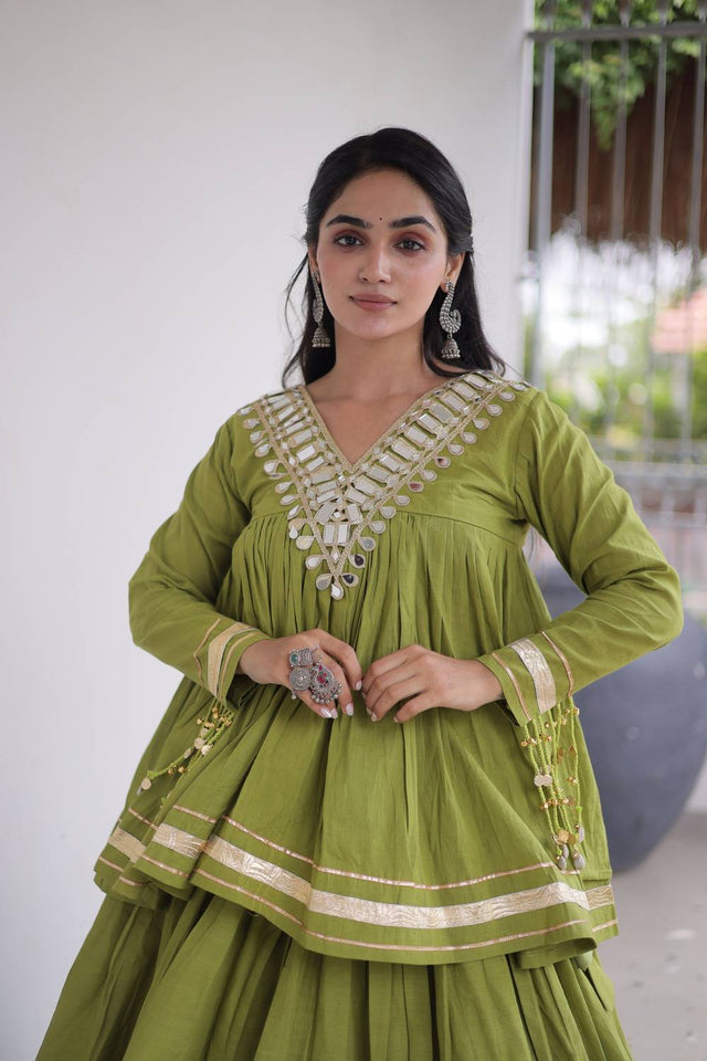 Green Gota Patti Work Cotton Free Size Stitched Lehenga (ACA9730)