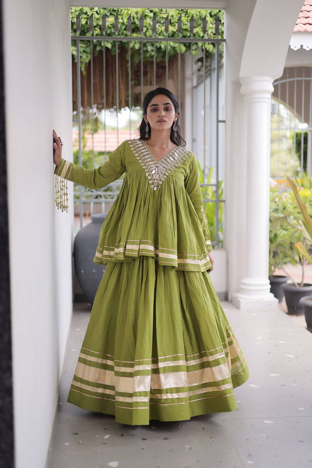 Green Gota Patti Work Cotton Free Size Stitched Lehenga (ACA9730)