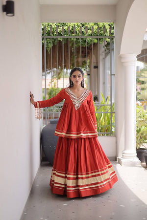 Rust Gota Patti Work Cotton Free Size Stitched Lehenga (ACA9731)