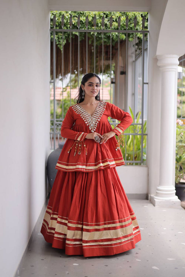 Rust Gota Patti Work Cotton Free Size Stitched Lehenga (ACA9731)