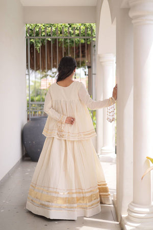 White Gota Patti Work Cotton Free Size Stitched Lehenga (ACA9732)