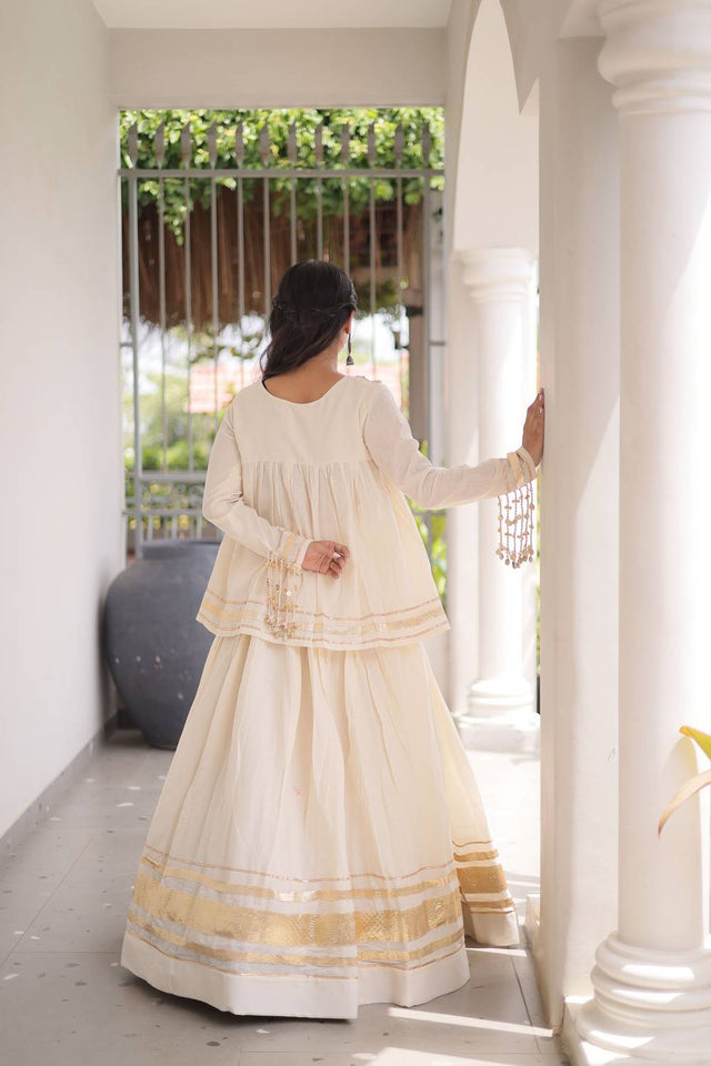 White Gota Patti Work Cotton Free Size Stitched Lehenga (ACA9732)