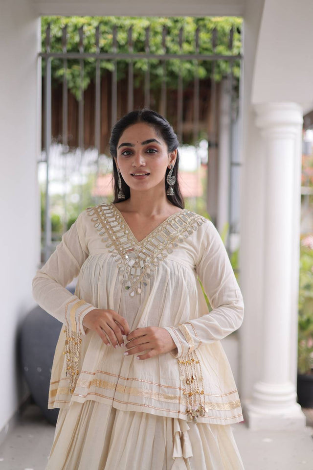 White Gota Patti Work Cotton Free Size Stitched Lehenga (ACA9732)