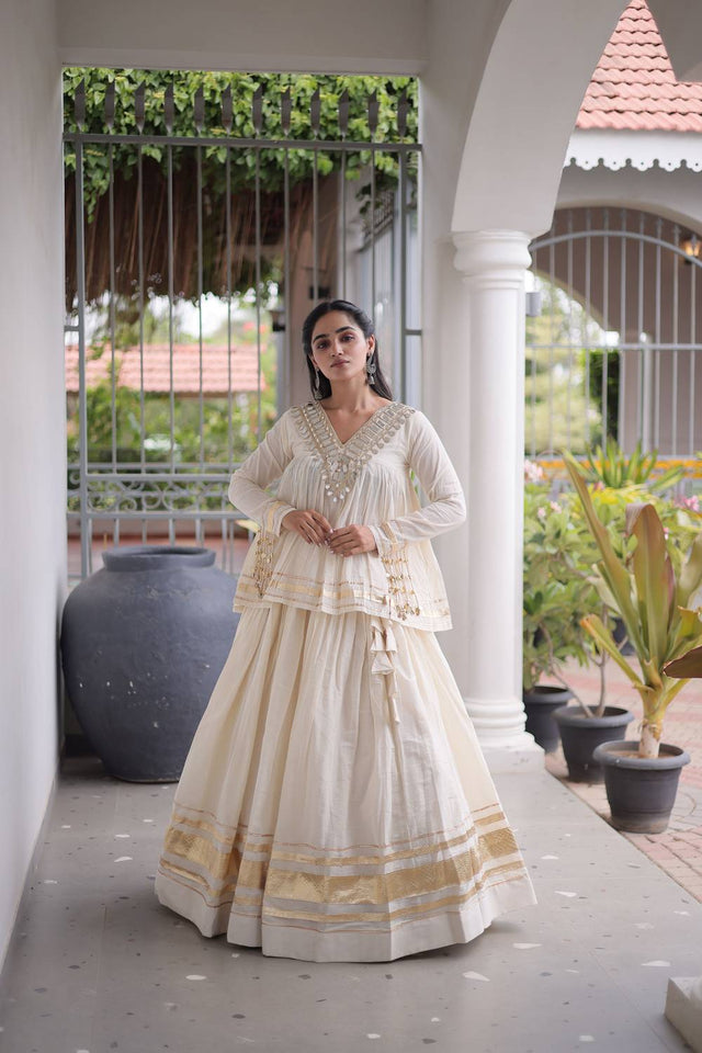 White Gota Patti Work Cotton Free Size Stitched Lehenga (ACA9732)