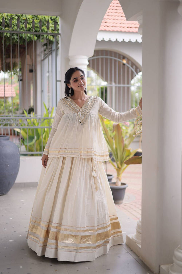 White Gota Patti Work Cotton Free Size Stitched Lehenga (ACA9732)