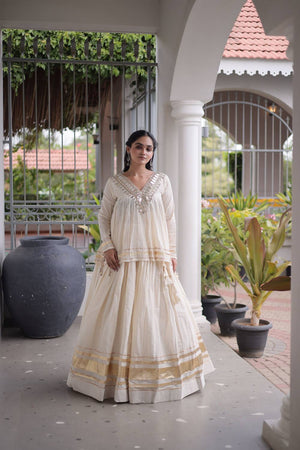 White Gota Patti Work Cotton Free Size Stitched Lehenga (ACA9732)