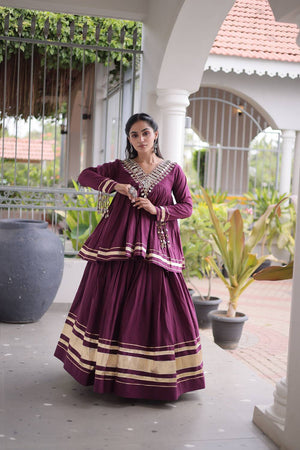 Wine Gota Patti Work Cotton Free Size Stitched Lehenga (ACA9733)