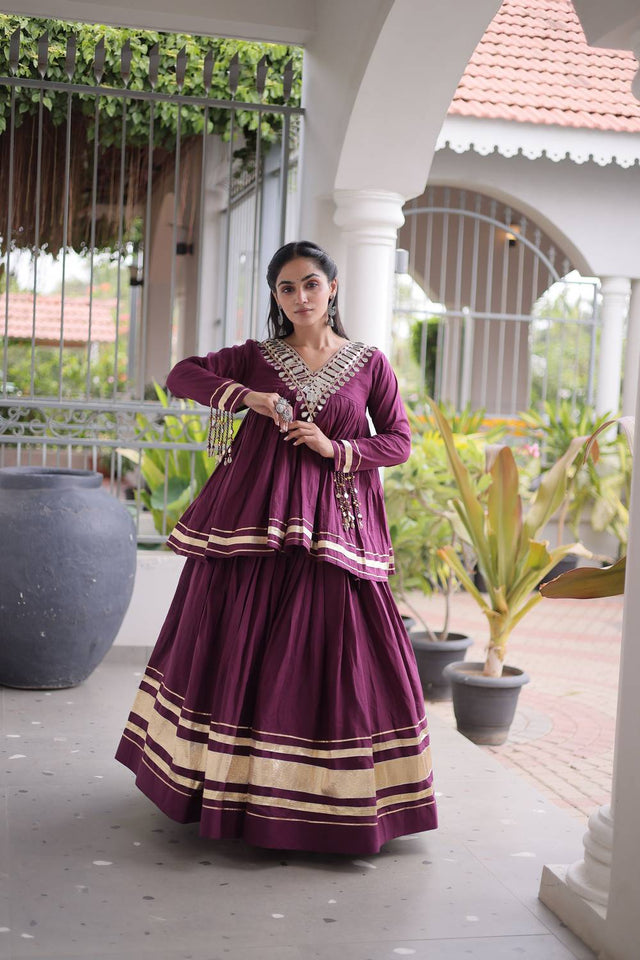 Wine Gota Patti Work Cotton Free Size Stitched Lehenga (ACA9733)