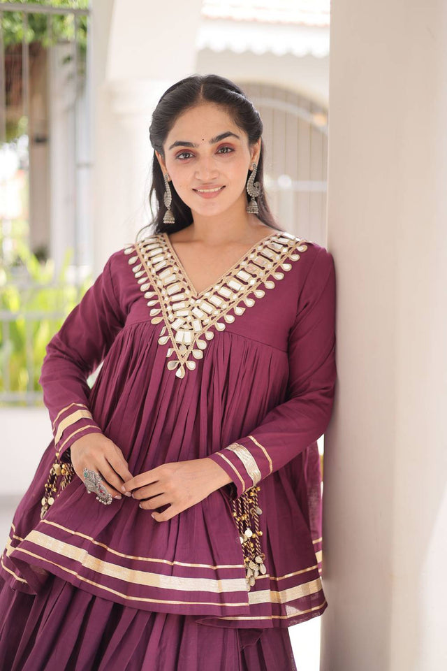 Wine Gota Patti Work Cotton Free Size Stitched Lehenga (ACA9733)