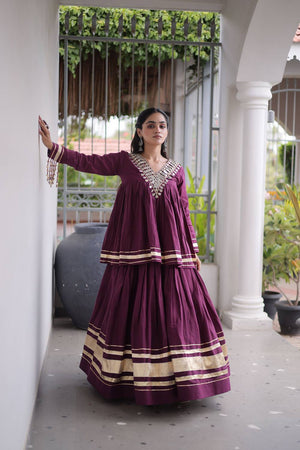 Wine Gota Patti Work Cotton Free Size Stitched Lehenga (ACA9733)