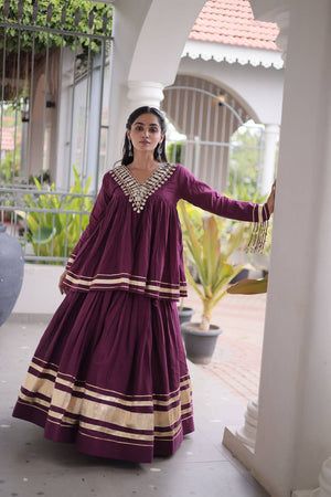 Wine Gota Patti Work Cotton Free Size Stitched Lehenga (ACA9733)