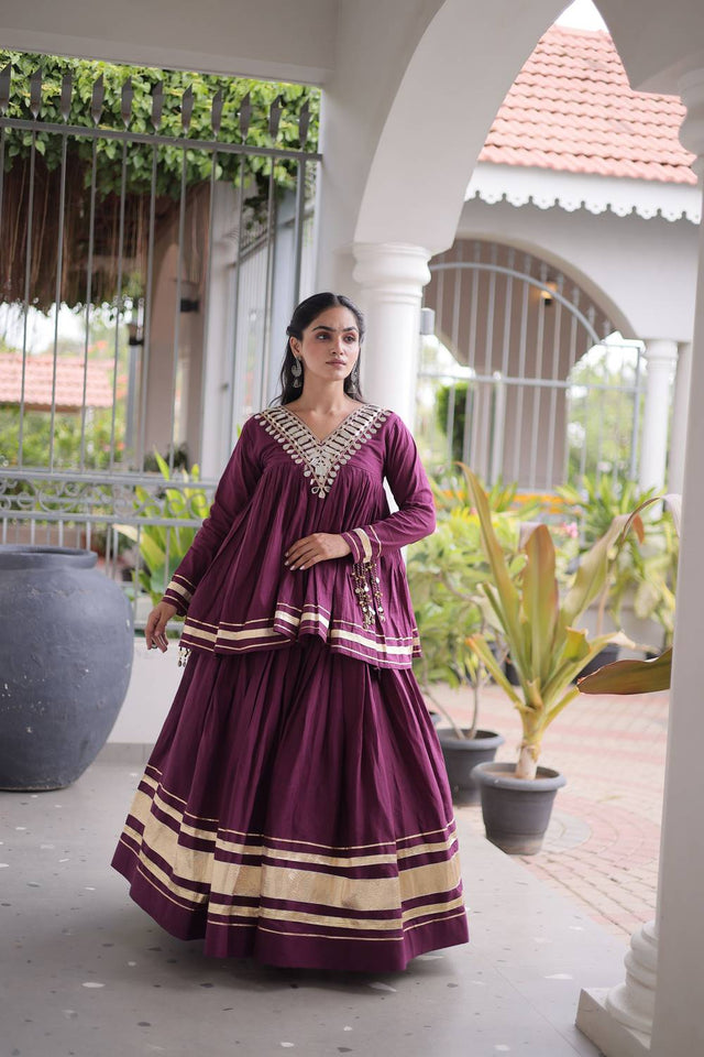 Wine Gota Patti Work Cotton Free Size Stitched Lehenga (ACA9733)