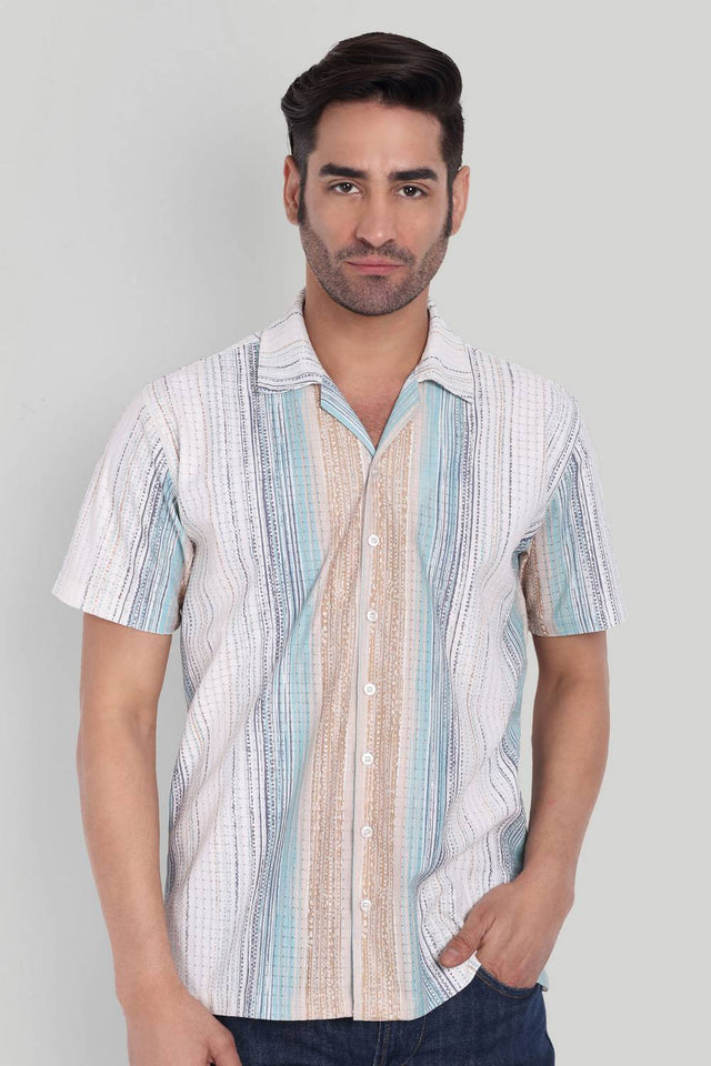 Mens Turquoise Printed Cotton Blend Shirt (ACA9736)