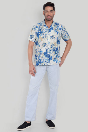 Mens Blue Printed Cotton Blend Shirt (ACA9737)