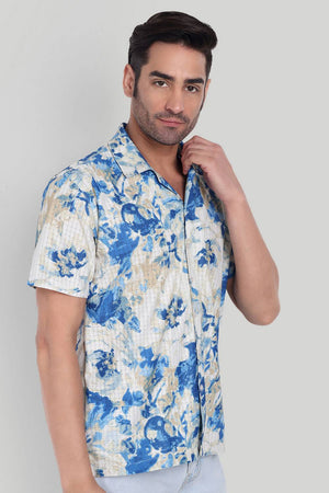 Mens Blue Printed Cotton Blend Shirt (ACA9737)