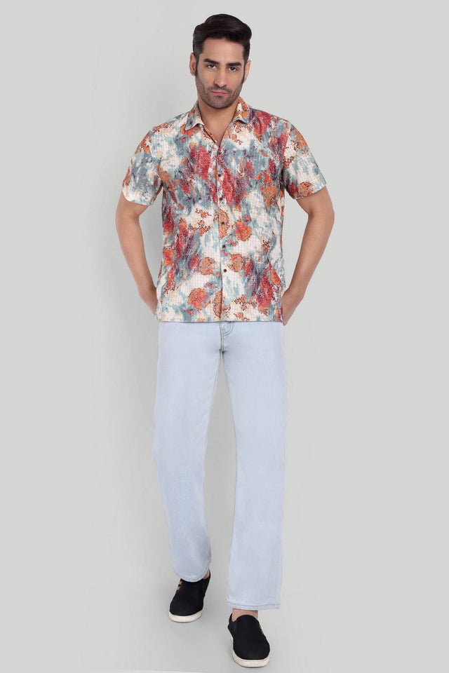 Mens Orange Printed Cotton Blend Shirt (ACA9738)