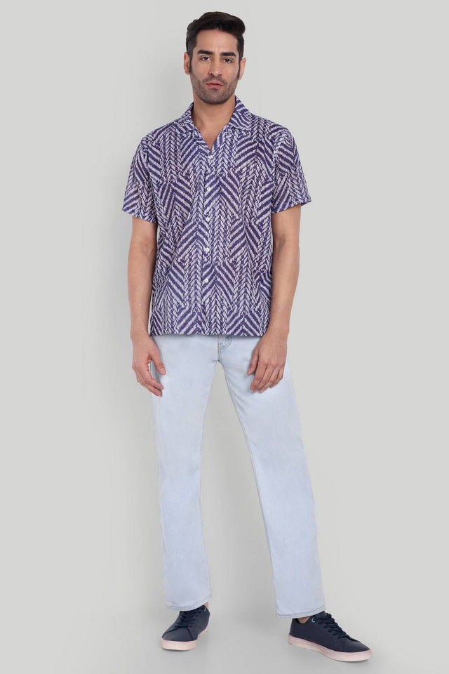 Mens Blue Printed Cotton Blend Shirt (ACA9743)