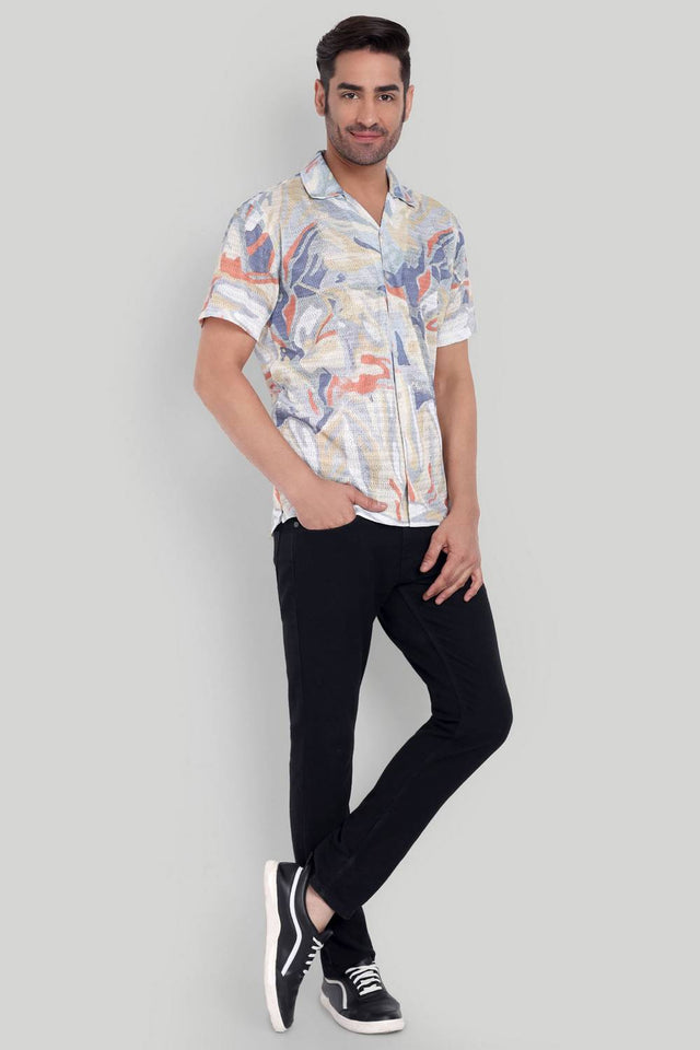 Mens Beige Printed Cotton Blend Shirt (ACA9745)
