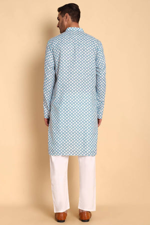 Mens Blue Printed Cotton Kurta Set (ACA9746)