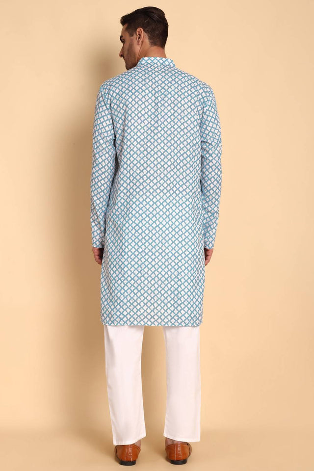 Mens Blue Printed Cotton Kurta Set (ACA9746)