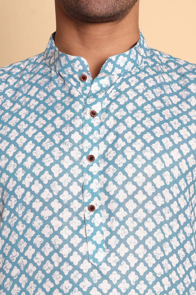 Mens Blue Printed Cotton Kurta Set (ACA9746)