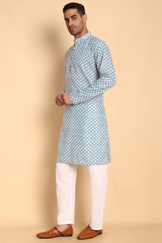Mens Blue Printed Cotton Kurta Set (ACA9746)