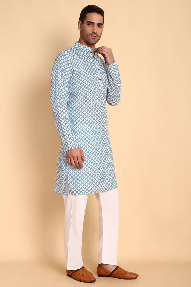 Mens Blue Printed Cotton Kurta Set (ACA9746)