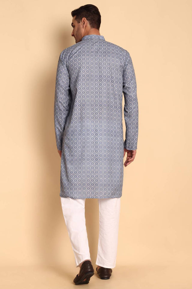 Mens Blue Printed Cotton Kurta Set (ACA9749)
