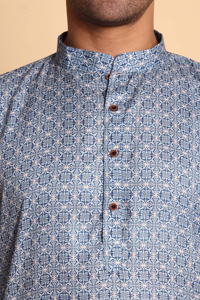 Mens Blue Printed Cotton Kurta Set (ACA9749)