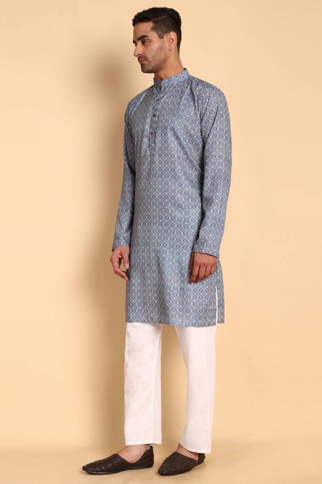 Mens Blue Printed Cotton Kurta Set (ACA9749)