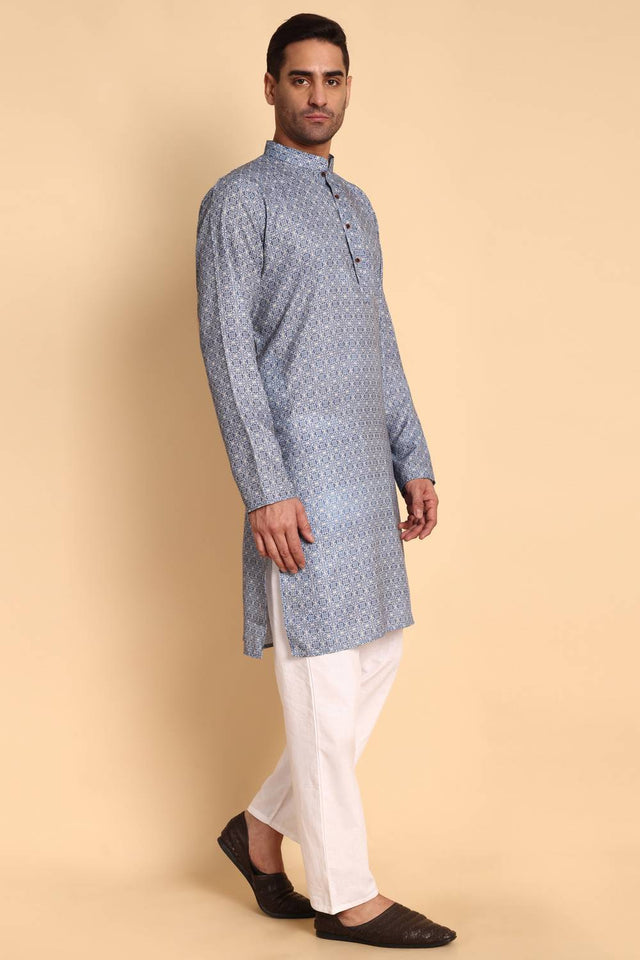 Mens Blue Printed Cotton Kurta Set (ACA9749)