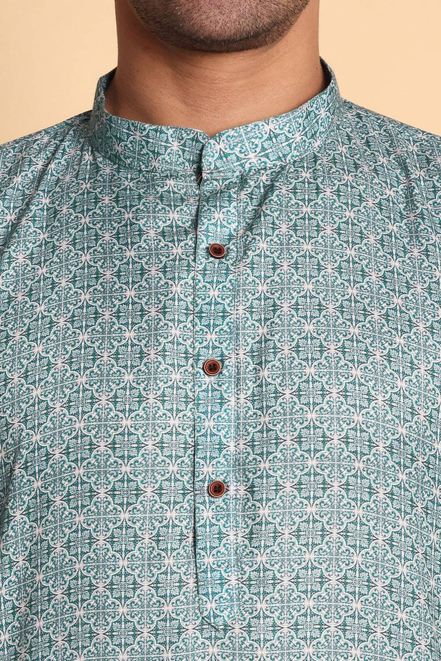 Mens Turquoise Printed Cotton Kurta Set (ACA9750)