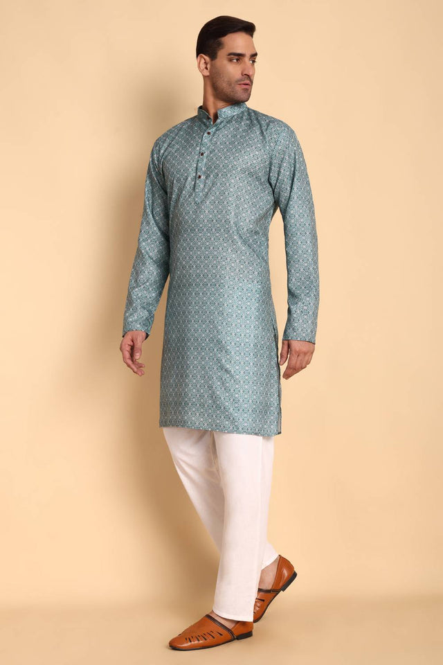 Mens Turquoise Printed Cotton Kurta Set (ACA9750)