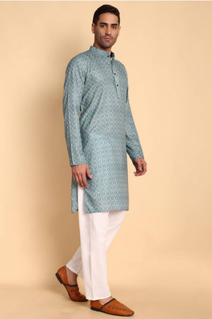 Mens Turquoise Printed Cotton Kurta Set (ACA9750)