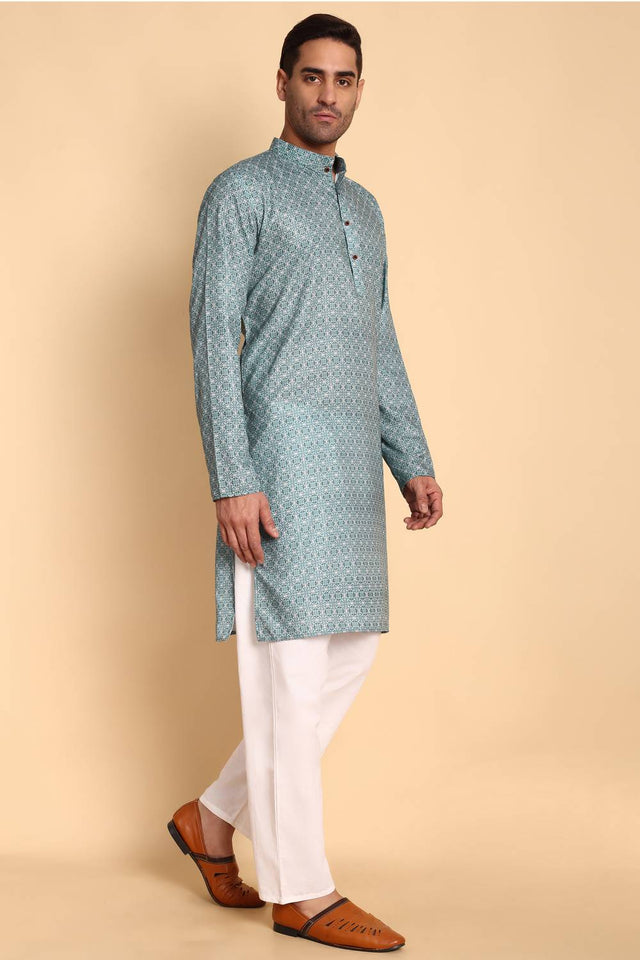 Mens Turquoise Printed Cotton Kurta Set (ACA9750)