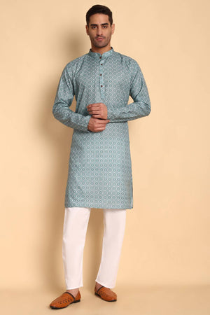 Mens Turquoise Printed Cotton Kurta Set (ACA9750)
