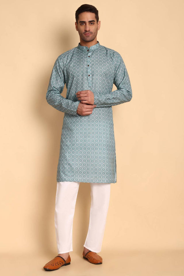 Mens Turquoise Printed Cotton Kurta Set (ACA9750)