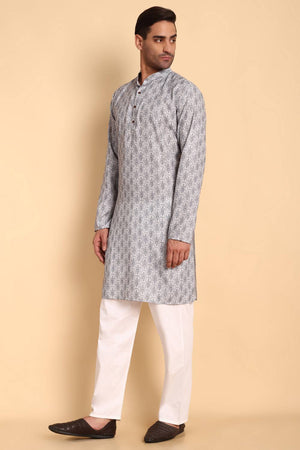 Mens Grey Printed Cotton Kurta Set (ACA9751)