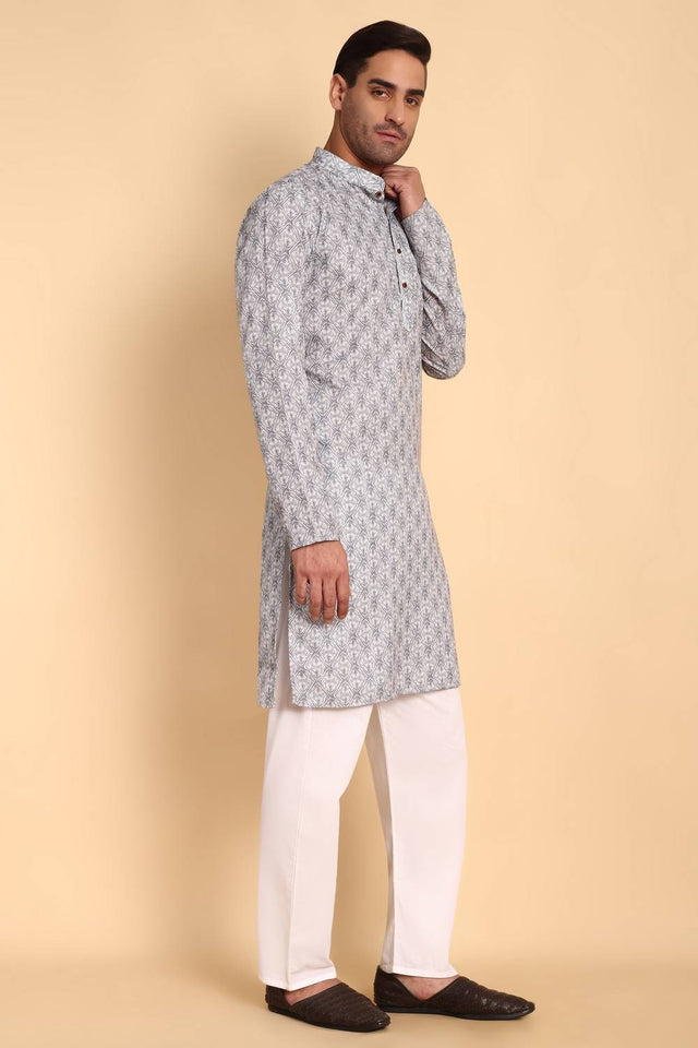 Mens Grey Printed Cotton Kurta Set (ACA9751)