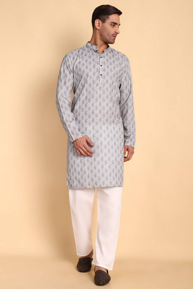 Mens Grey Printed Cotton Kurta Set (ACA9751)