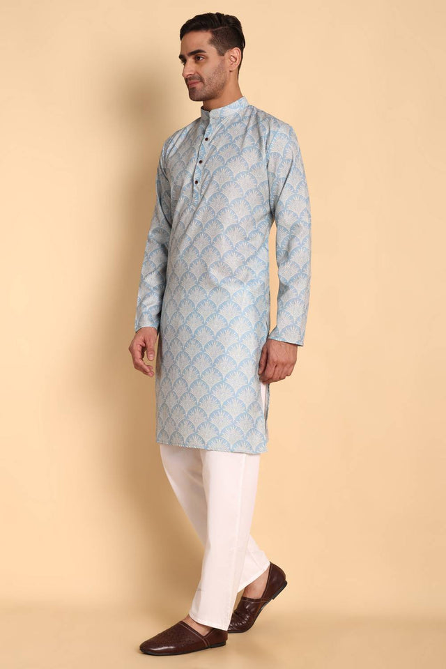 Mens Blue Printed Cotton Kurta Set (ACA9752)