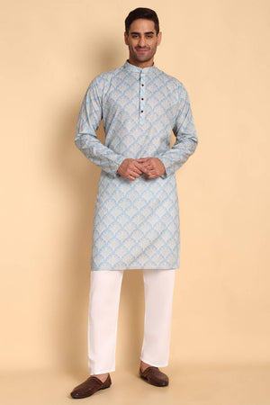 Mens Blue Printed Cotton Kurta Set (ACA9752)