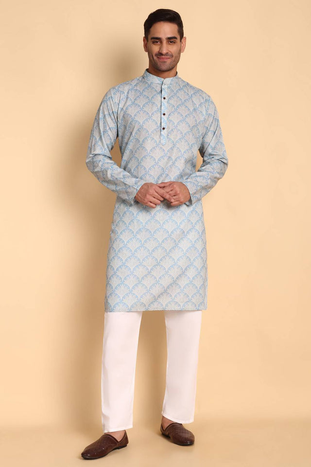 Mens Blue Printed Cotton Kurta Set (ACA9752)