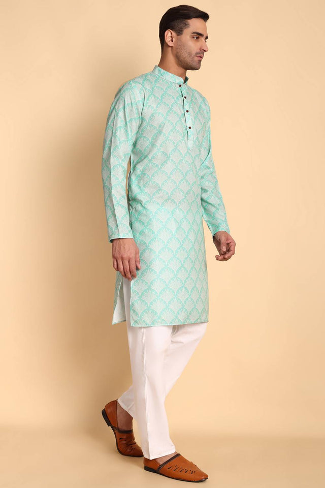 Mens Green Printed Cotton Kurta Set (ACA9753)