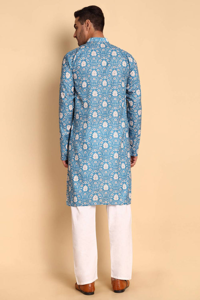 Mens Blue Printed Cotton Kurta Set (ACA9755)